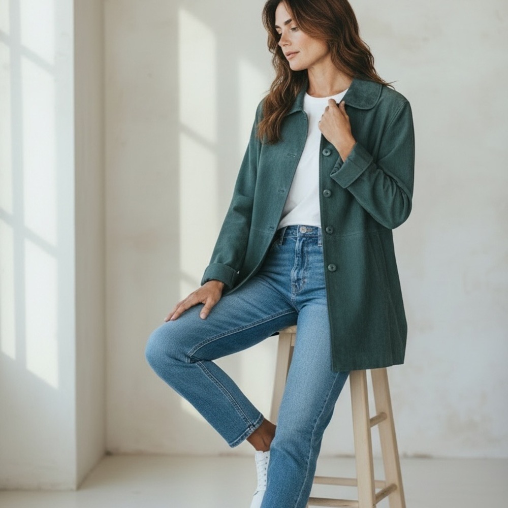Suede leather jacket, R&V
Collection, green button-up coat /Jacket vintage.new